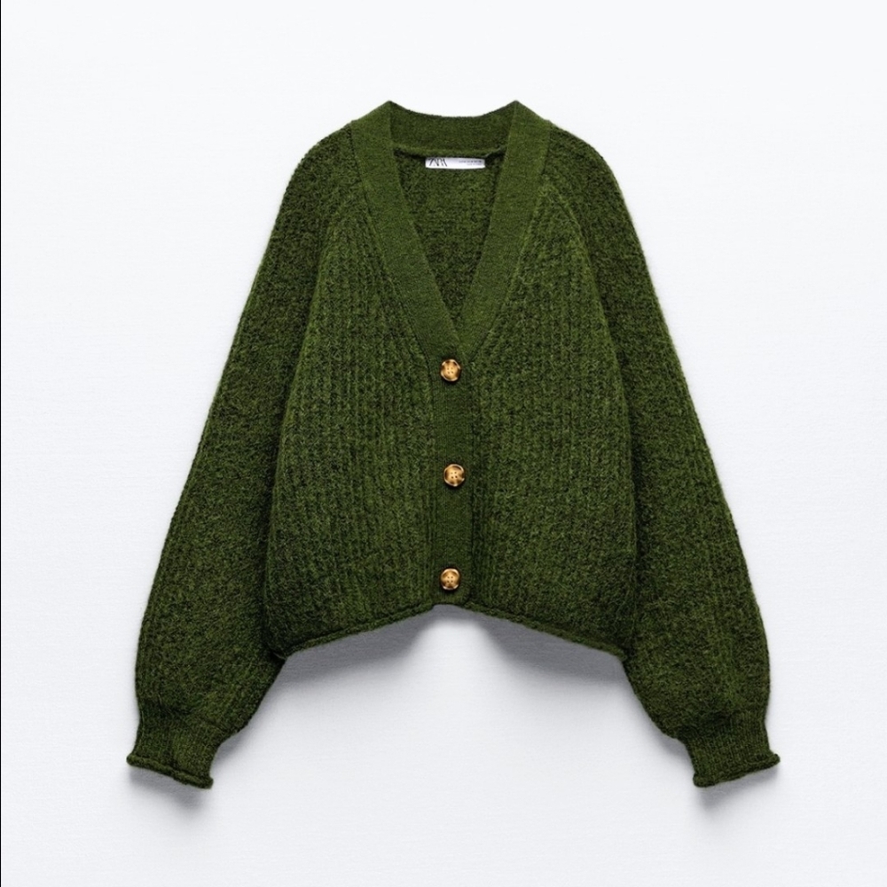 Zara Moss Green Button-Up Cardigan | Zara Purl Knit Jacket - Size S